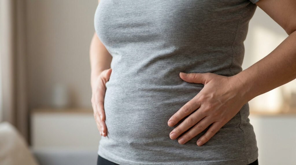 Persona adulta con accumulo di grasso addominale, immagine rappresentativa dei trattamenti medici per obesità e sovrappeso con Semaglutide e Tirzepatide.