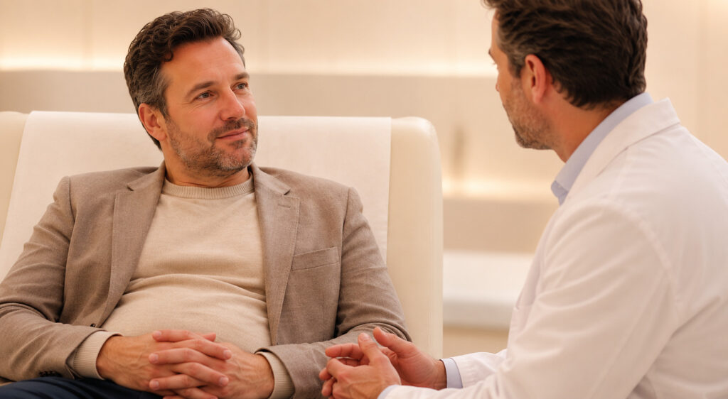 Paziente uomo durante una consulenza medica specialistica per la gestione degli effetti collaterali dei farmaci GLP-1.