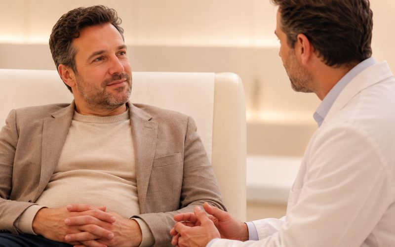 Paziente uomo durante una consulenza medica specialistica per la gestione degli effetti collaterali dei farmaci GLP-1.